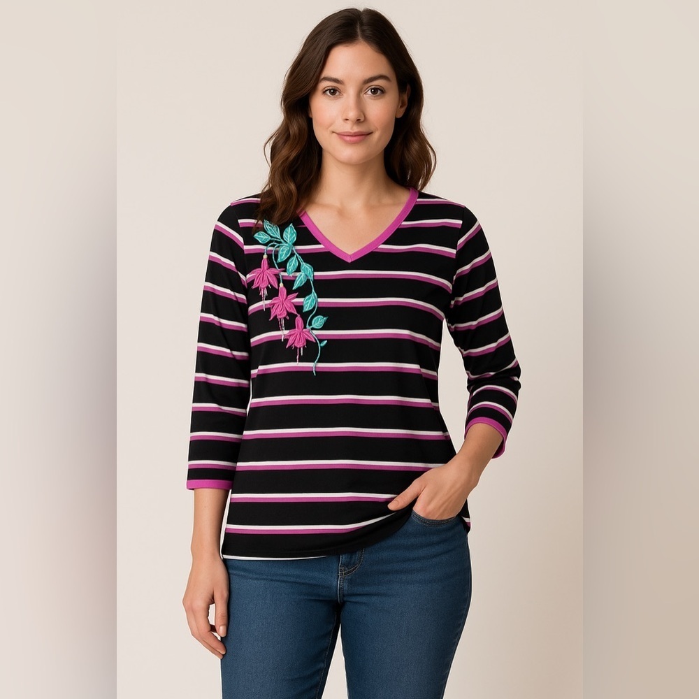 Bob Mackie Wearable Art Striped Floral Embroidered Top – Sz Small (NWT)